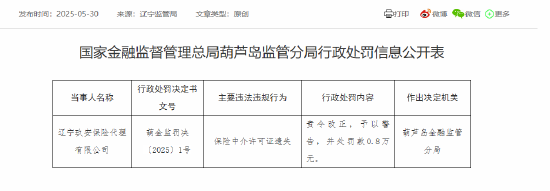 辽宁玖安保险代理被罚0.8万元：保险中介许可证遗失